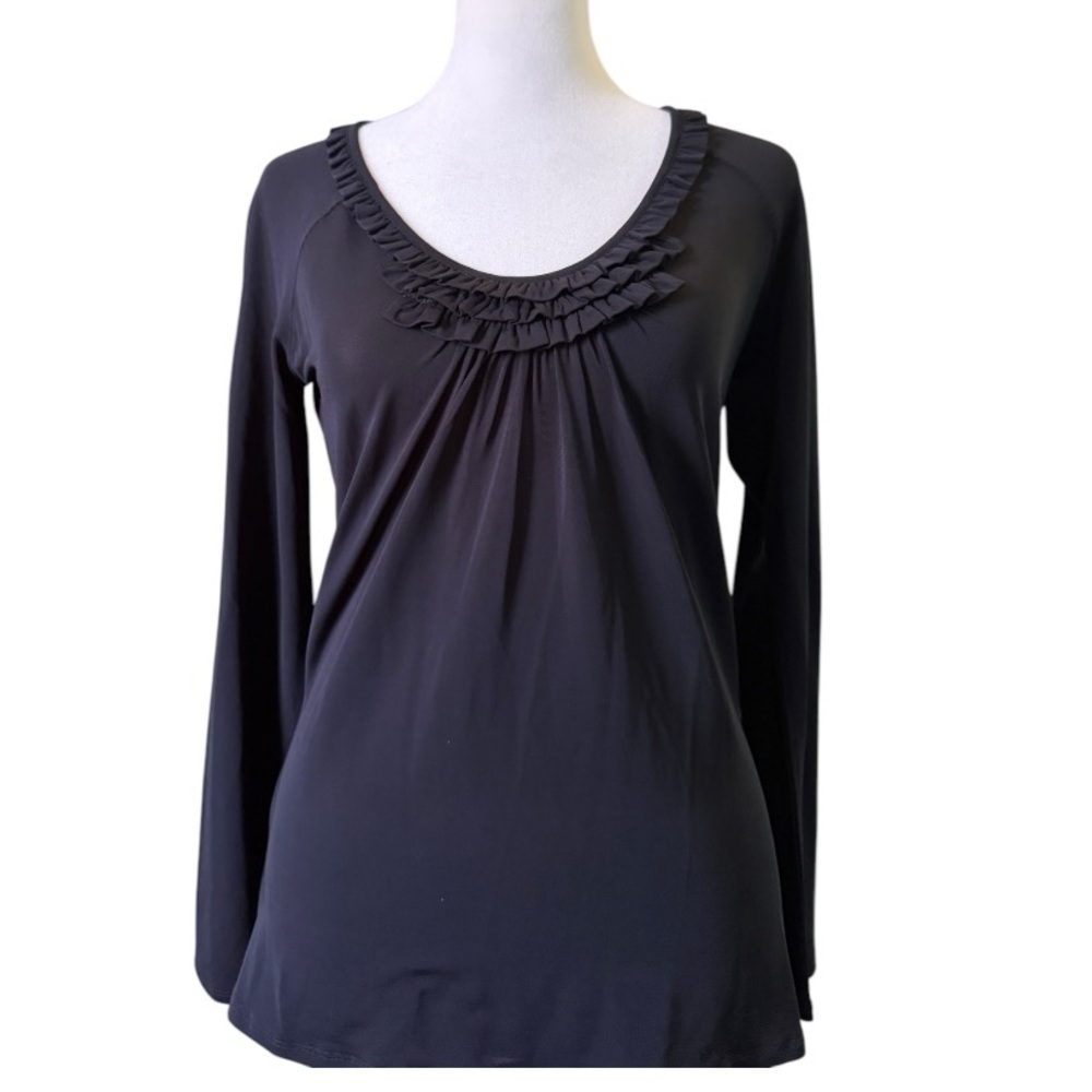 Burberry Black Ruffle Designer Long Sleeve Top Small Nova Check